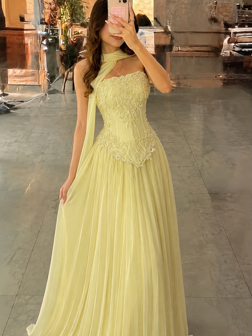 Embroidery Yellow Dress - Vestido de Fiesta Personalizado, Sexy, Amarillo,