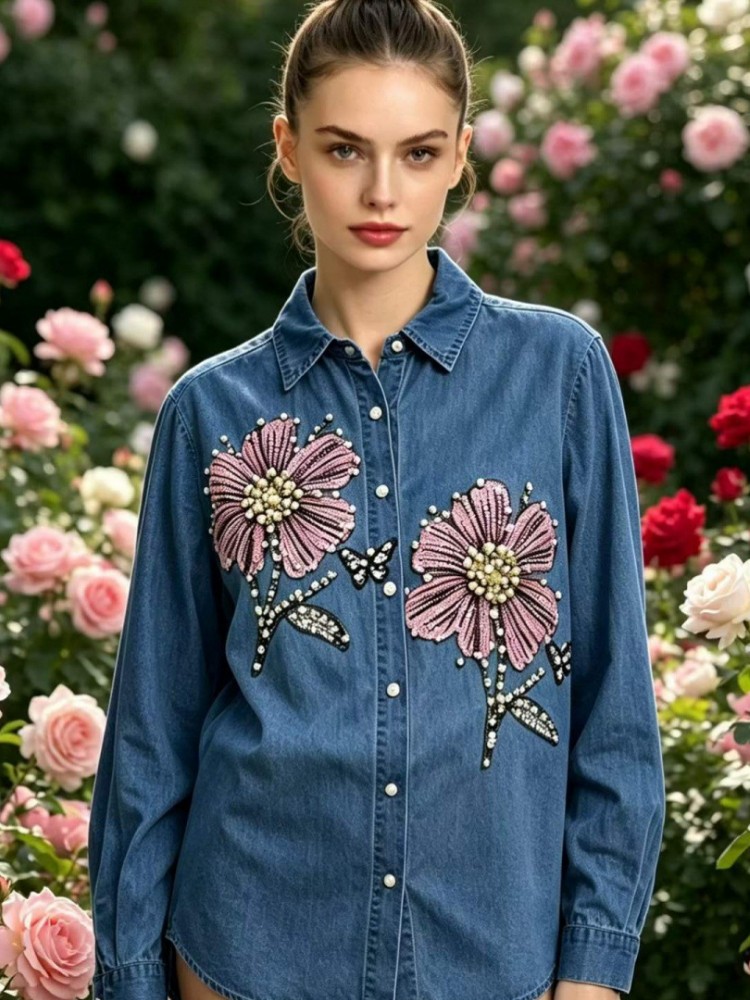 Embroidery Cotton Shirt - Blusas de Mezclilla Bordadas para Mujer,