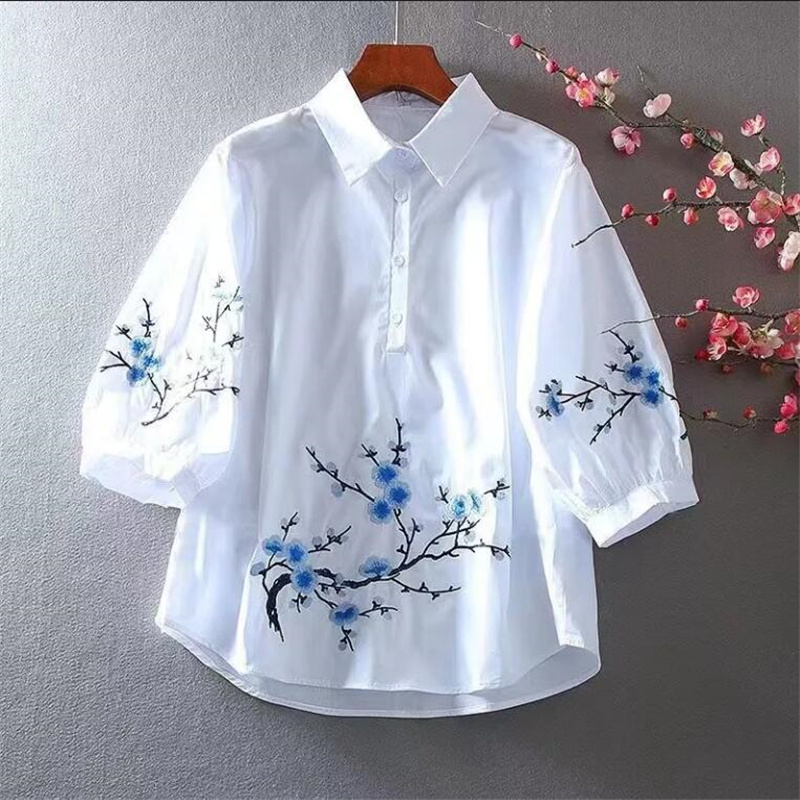 Embroidery Cotton Shirt - Camisa blanca bordada para mujer, blusa