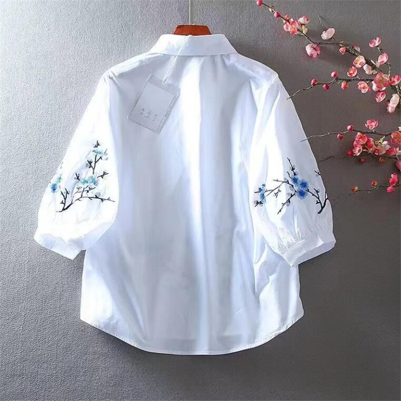 Camisa blanca bordada para muj - Embroidery Cotton Shirt reseña y precio